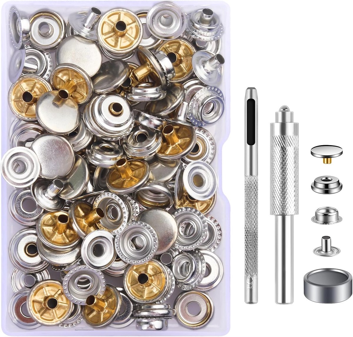 Knopen van Roestvrij Staal, Zilveren MSDADA Snap Fasteners met Handmatig Gereedschap, Duurzame Metaal Knopen voor Dagelijkse Kleding, Jeans en Tassen
