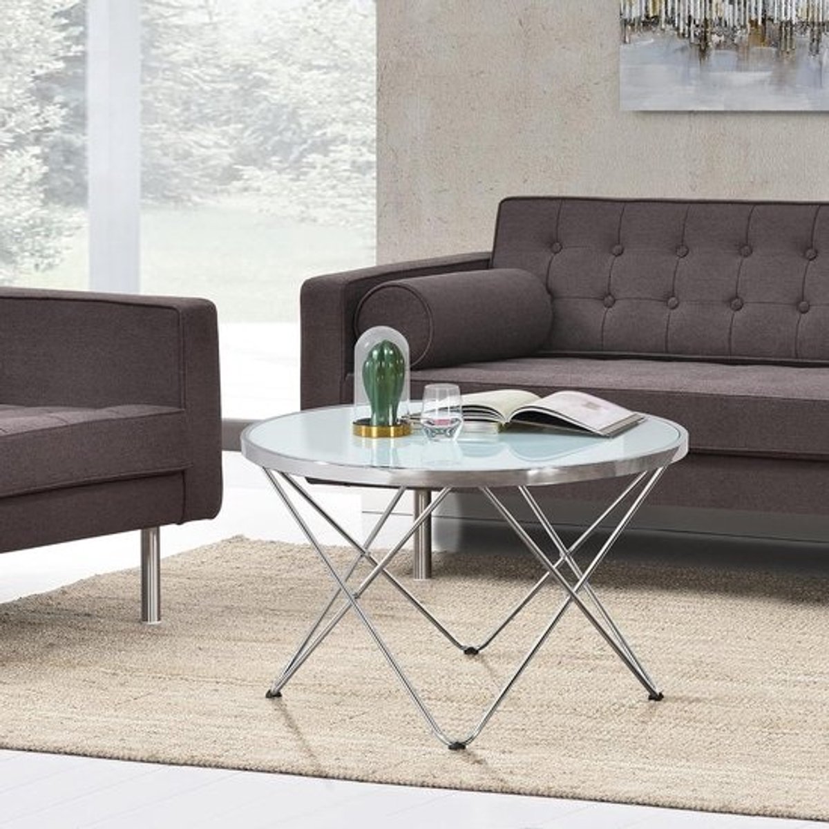 Ronde salontafel - Glazen tafel - Woonkamer inrichten - Metaal en glas - 50x80 cm - Zilver melkglas