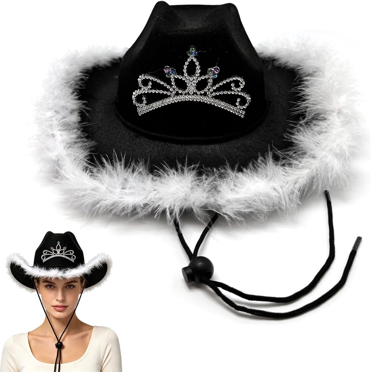 Hoed met brede rand, cowgirl hoed, met hartbril en boa, vilten cowboy kostuumaccessoires voor volwassenen, feesthoed en play dressup