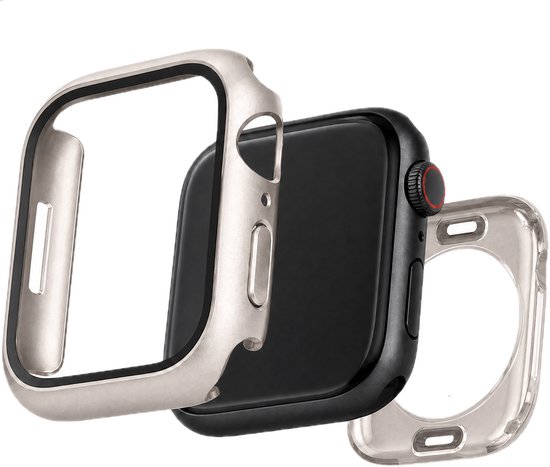 Smartwatch met zwarte behuizing tussen een zilveren beschermframe en een transparant hoesje.
