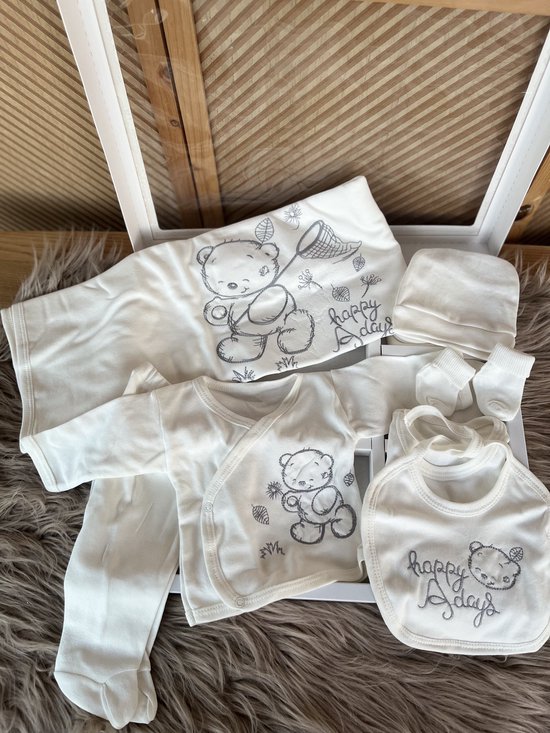 10 delige new born set met deken - luxe geschenkdoos - babyshower - kraam cadeau - new born boy / girl - wit crème grijs - berenmotief - happy days - 100 %katoen - anti allergisch-natural -0 tem 4 maanden — afbeelding 4