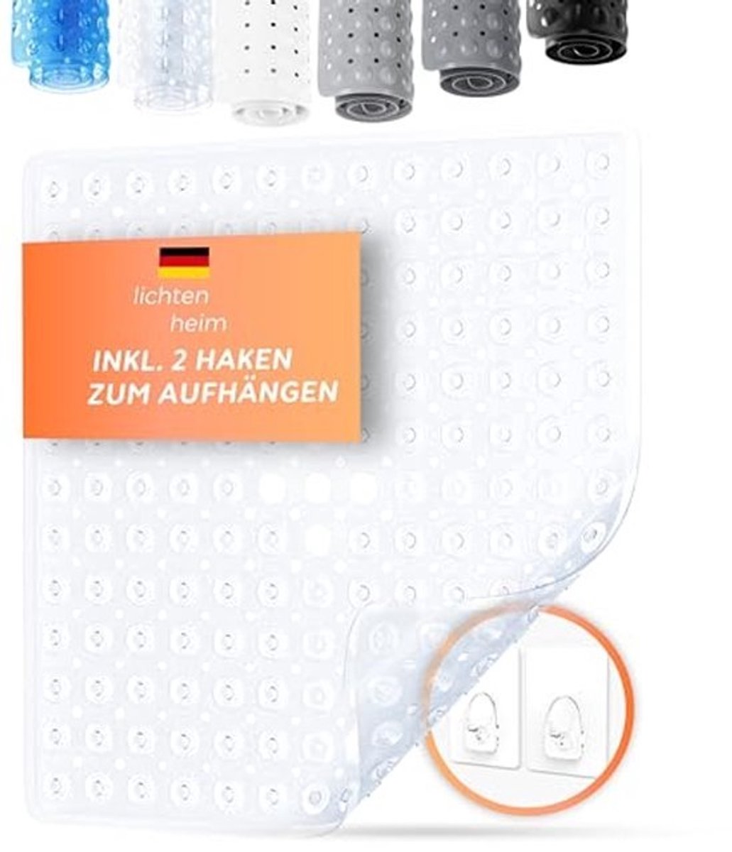 Douchemat 53x53 cm - Antislip en Wasbaar, Transparant, Schimmelbestendig, Inclusief 2 Haakjes