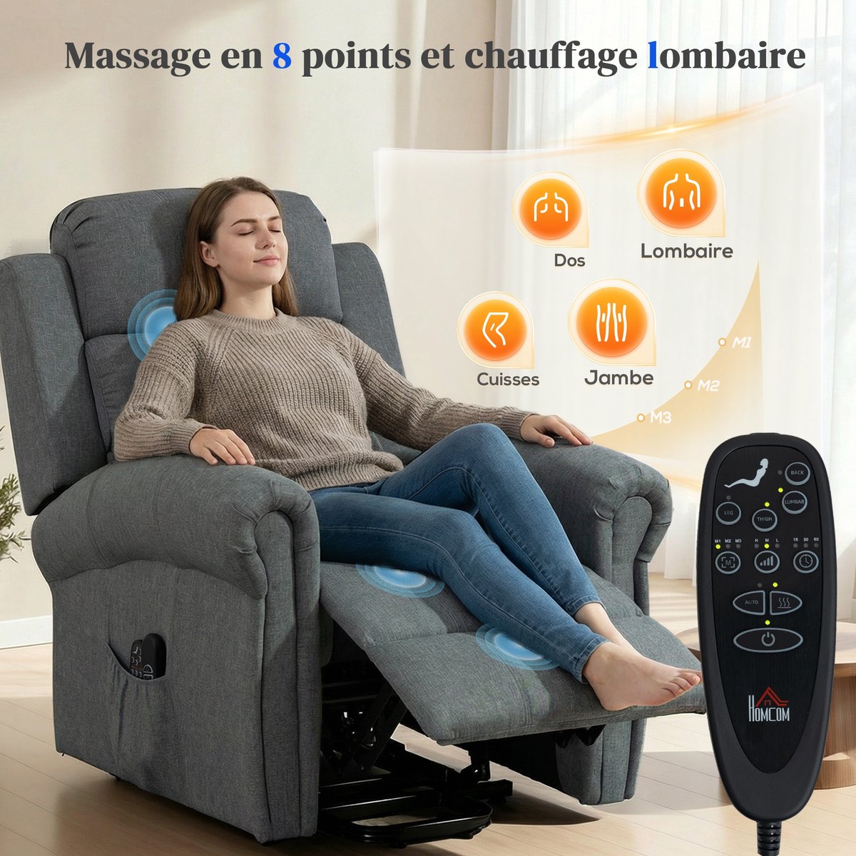 Elektrische Sta-op Stoel met Massage & Warmte, Uitschuifbare Voetensteun, USB, Zijzakken, Verstelbare Bank voor Woonkamer en Slaapkamer,87 x 87,5 x 108 cm, grijs – foto 5