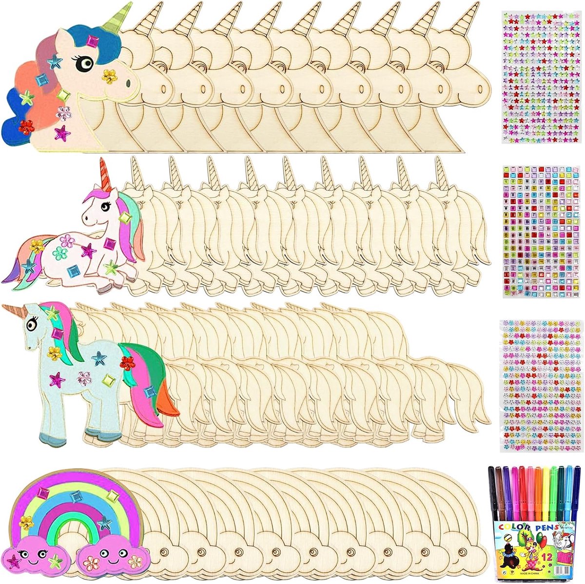 Houten knutselset, eenhoorn, knutselset voor kinderen, eenhoorn, handwerk beschilderen met gekleurde kwast, glitterstickers, eenhoorn knutselset voor doe-het-zelf kinderen, schilderdecoratie