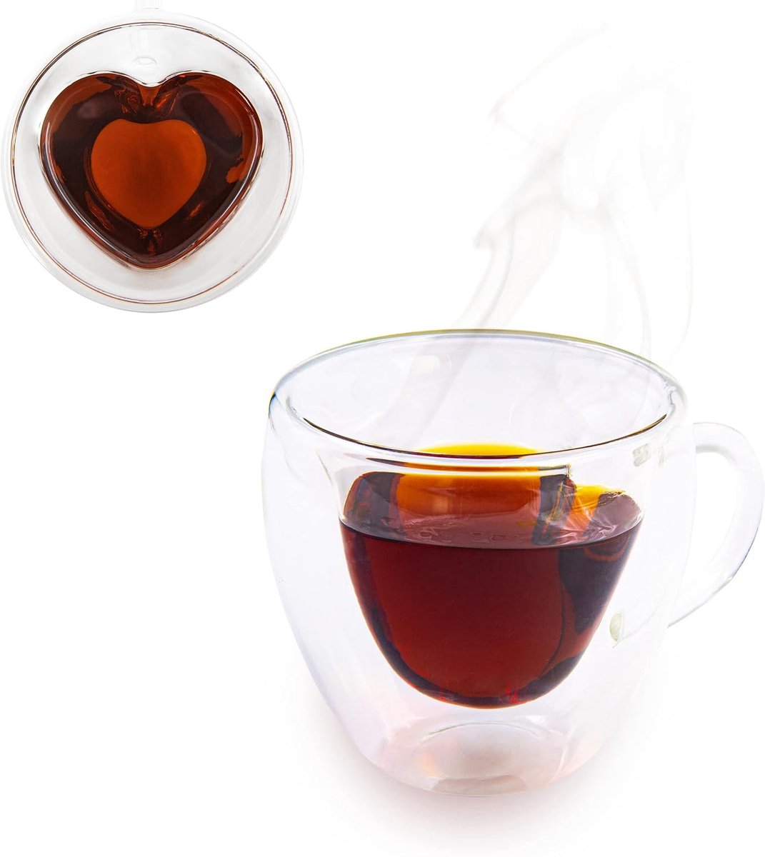 Set van 2 glazen kopjes, dubbelwandige glazen in hartvorm, theekop kantoor, cappuccinokopjes, koffieglas, inhoud 200 ml