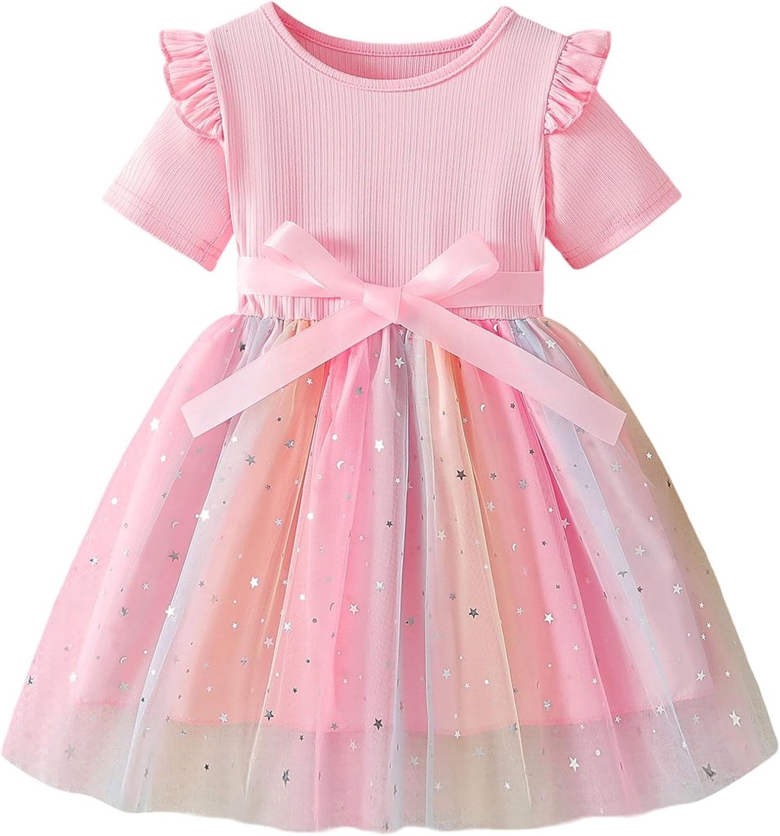 Meisjesjurk met ruches, katoen, bedrukt, stippen, school, dagelijks, chic, schattig, outfit, zomer, lente, kinderkleding, zacht, A156