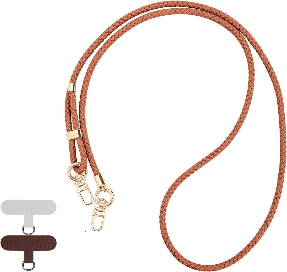 Universeel, om te hangen, mobiele telefoonhalsband met 2 patches, verstelbaar gevlochten leer, telefoonkoord, halsketting, compatibel met de meeste smartphones, geel