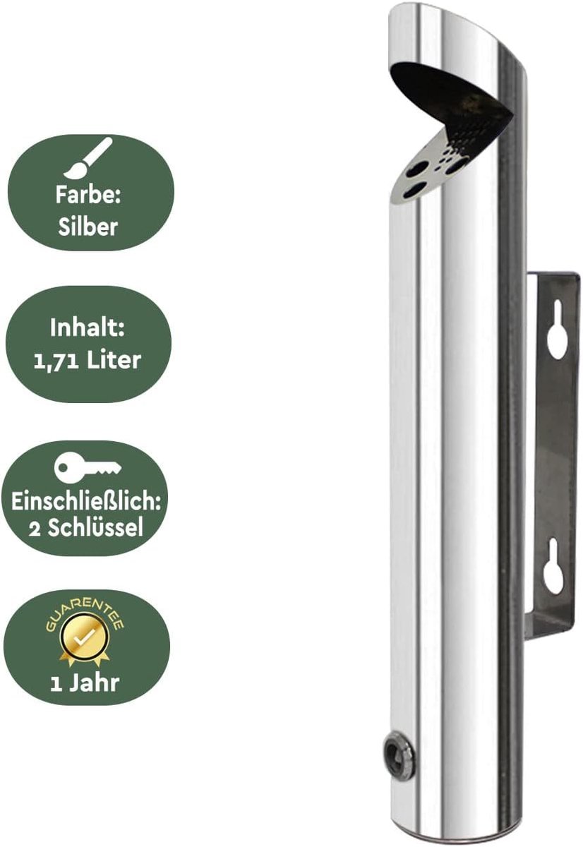 RVS – Asbak voor Buiten – 1.7 Liter – Wandmodel – Incl. Sleutel – Weerbestendig