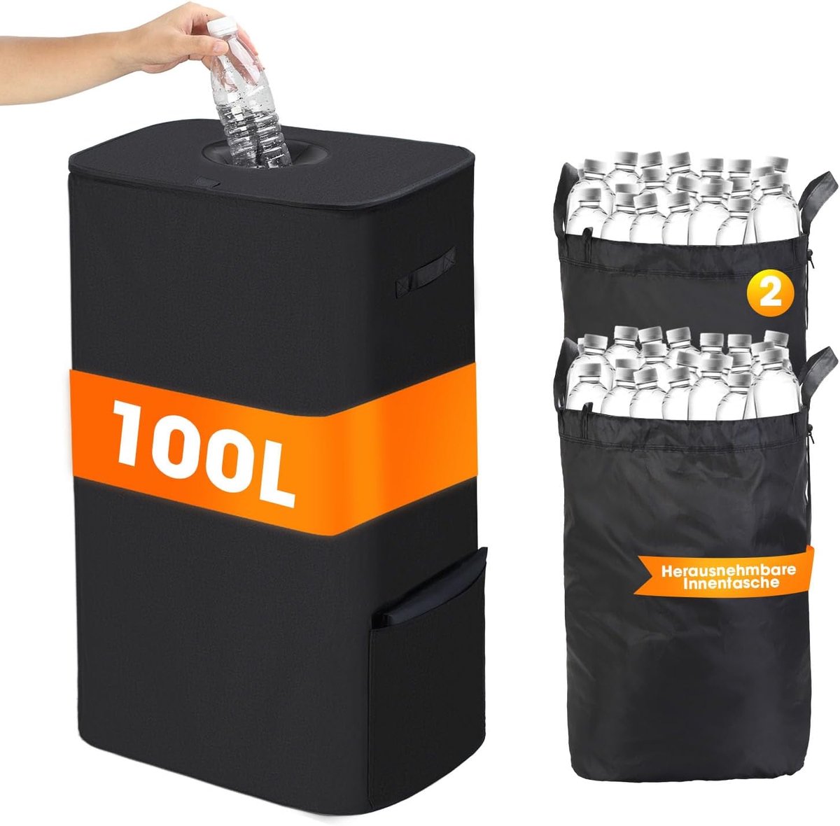 Verzamelcontainer met deksel 100 L: grote pandflessen, opslag met 2 draagtas - container leeg en gerecycled glas - flessenverzamelaar met gaten, keukenopslagruimte, flessenzak
