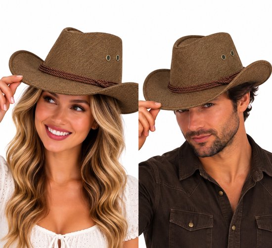 Bruin linnenlook cowboyhoed met gevlochten touwband, gedragen door een vrouw en een man.