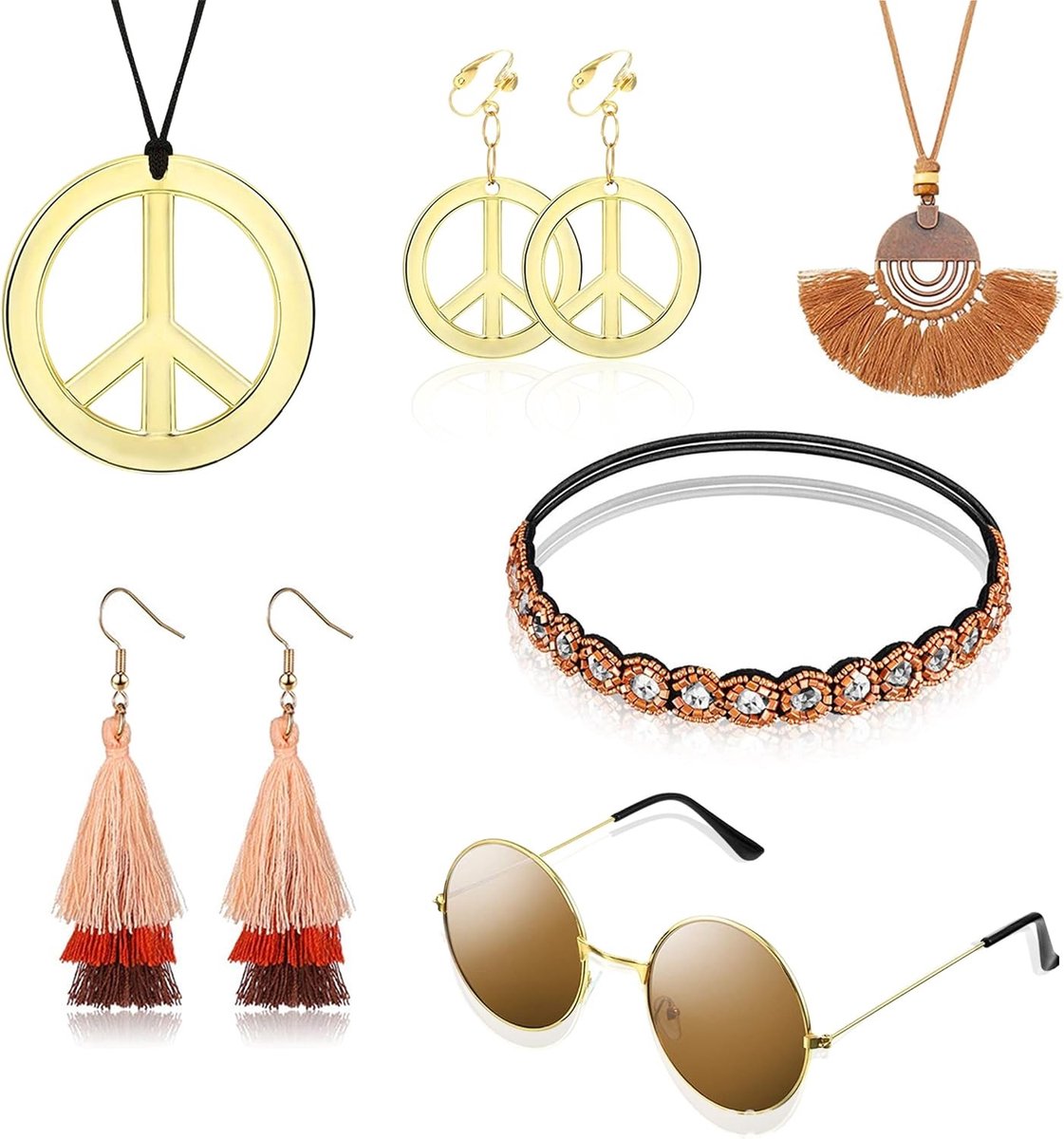 Hippie Kostuum Accessoires Set met Bril, Hoofdband en Oorbellen voor Carnaval en Feestjes in de Jaren '60 en '70