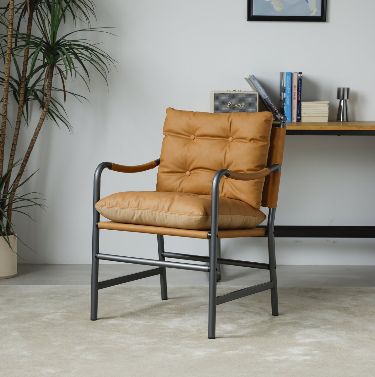 MODENUIT Fauteuil 60 x 62 x 90 cm - Met Armleuningen En Metalen Frame - Woonkamer - Bruin Kunstleer