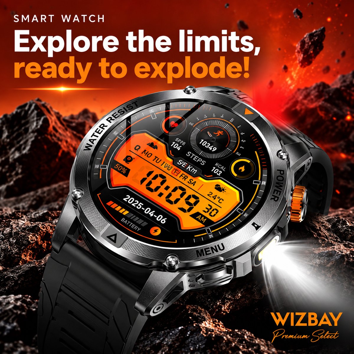 WizBay Premium Select® Smartwatch 1.53 inch – Bellen – LED Zaklamp – Rode SOS Lamp – 100+ Sportmodi – Hartslag – SpO2 – 1000mAh – Zwart