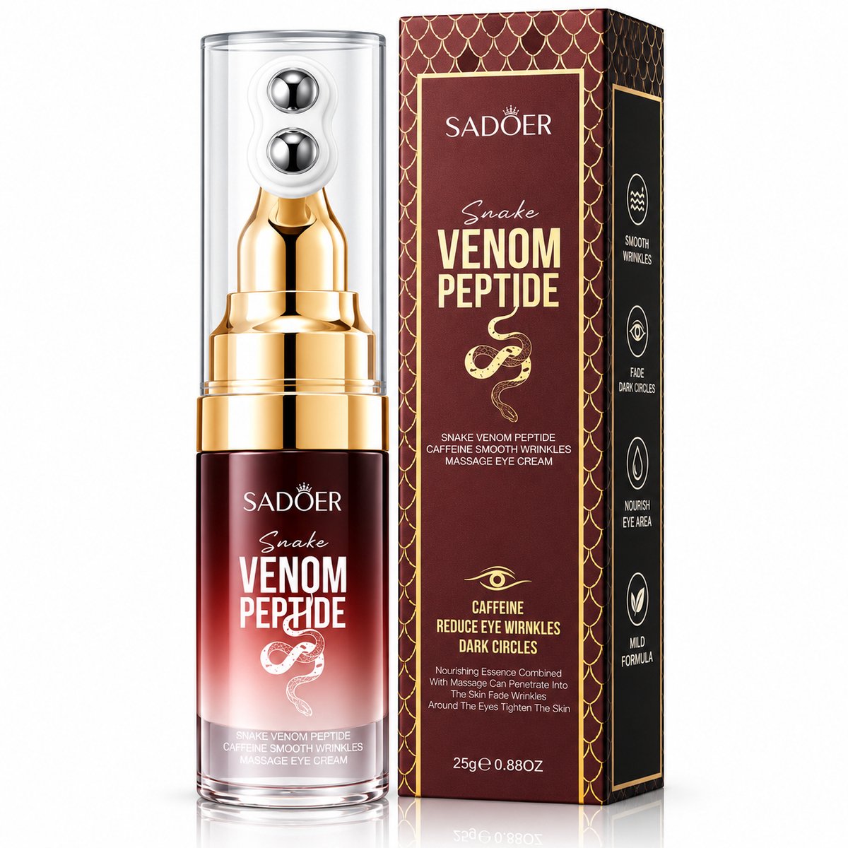 SADOER Oogcrème 25 g | Snake Venom Peptide Oogcrème | Caffeine Eye Cream | Oogserum | Oogverzorging | Hydraterende Oogcrème | Anti Aging Oogcrème | Oogcrème Donkere Kringen | Roller Oogcrème | Massage Roller | Peptide | Cafeïne | 25 G