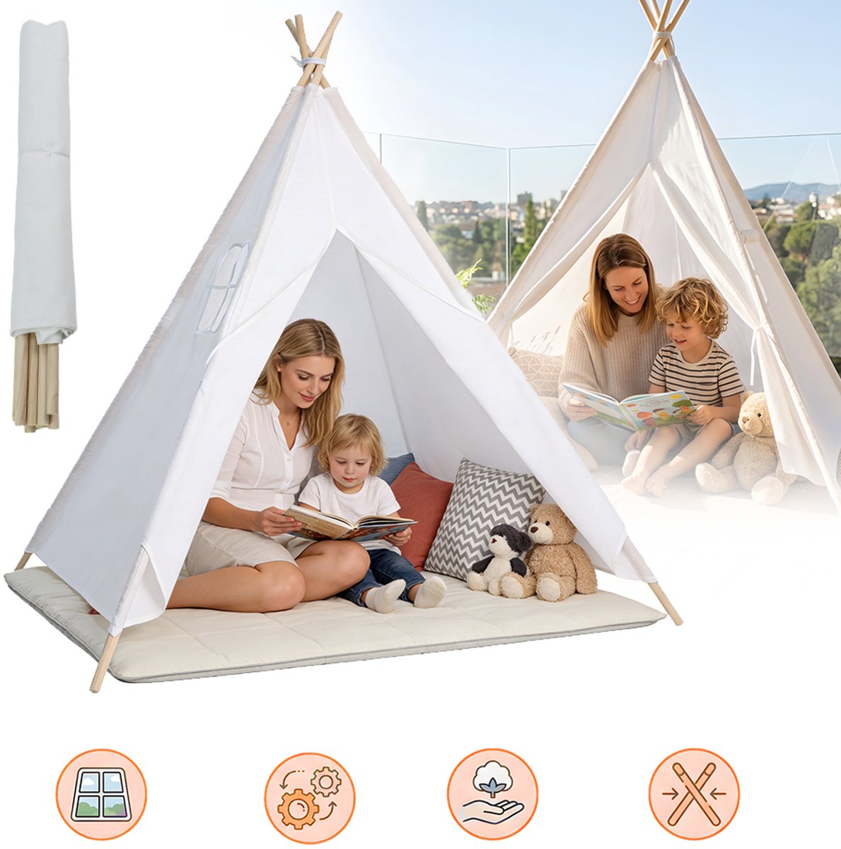 Witte Kinderspeeltent met Houten Frame en Zijraam - Katoenen Canvas 250gsm - Duurzame Binnen Speeltent voor Kinderen vanaf 6 Jaar - 120x120x130cm