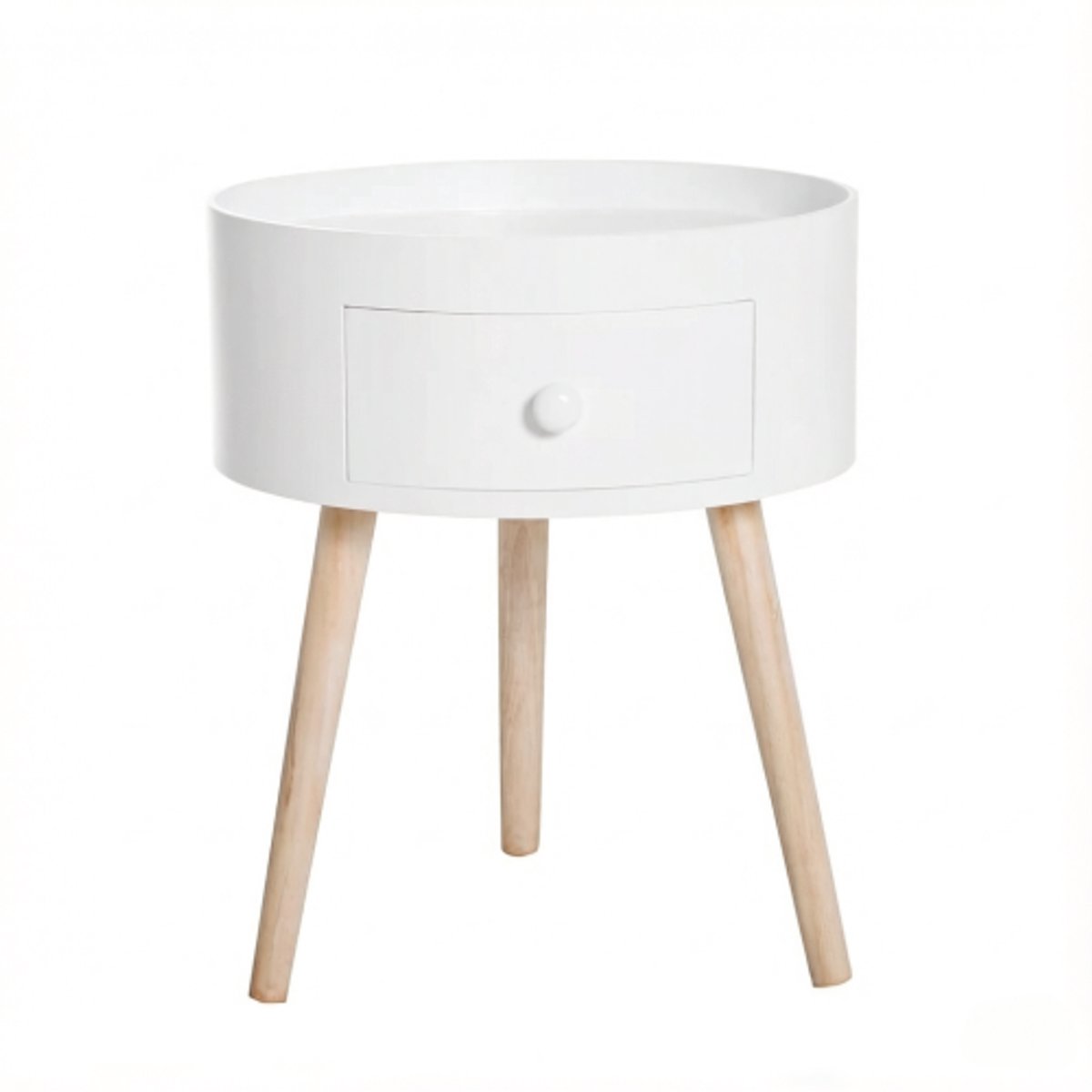 Ronde Bijzettafel met Lade - Nachtkastje - MDF en Massief Hout - Slaapkamer - 38x38x45cm - Wit en Licht Hout
