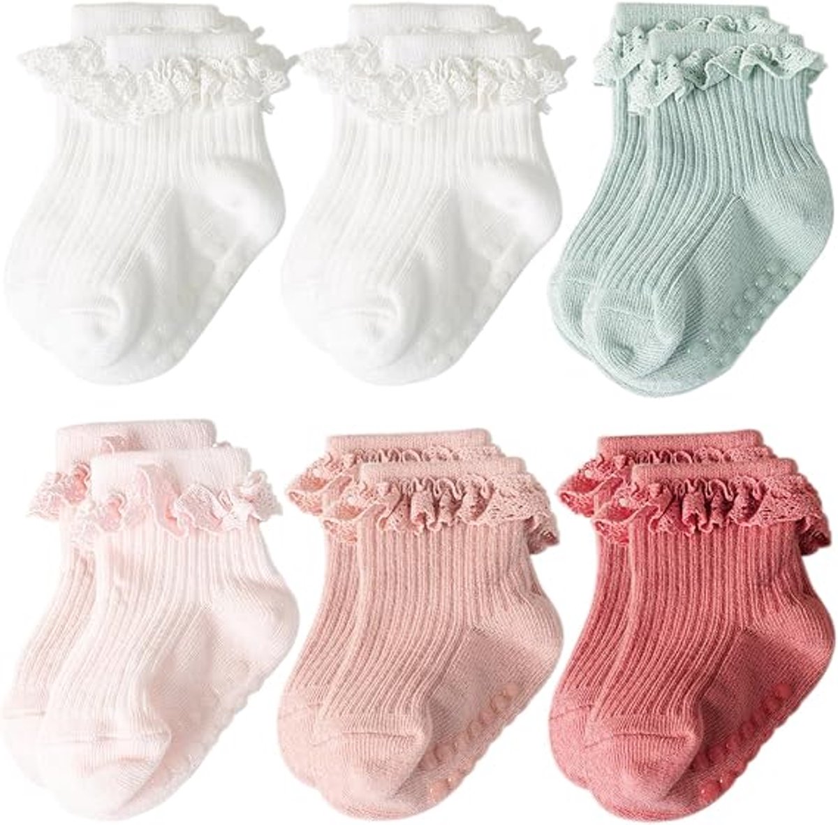 6 Paar Baby Sokken Antislip - Enkelsokjes - Gripsokken - Huissokken Anti Slip - Met Schattige Ruches - 5 Kleuren - Ademend & Koel - Katoenen - Voor Pasgeboren Baby's en Peuters