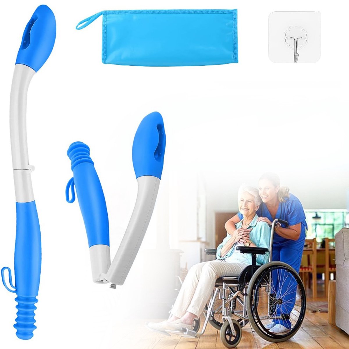 Toilethulp met Lange Steel en Opbergtas - Ergonomisch Hulpmiddel voor Ouderen Zwangere Vrouwen en Beperkte Mobiliteit - Opvouwbaar Hygiënisch 40cm