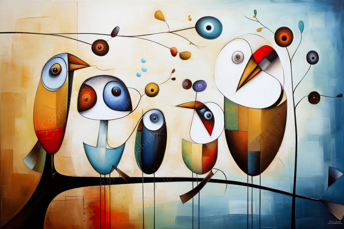 John Joseb Art (Aluminium) 120x80 | Vogels op een tak, Kandinsky, Joan Miro stijl, abstract, kleurrijk, kunst | dier, vogel, rood, bruin, blauw, modern | foto-schilderij op dibond, metaal wanddecoratie