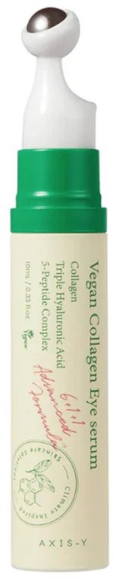 Wit crème flesje met groene dop en roller. Tekst: Vegan Collagen Eye Serum, 10ml.