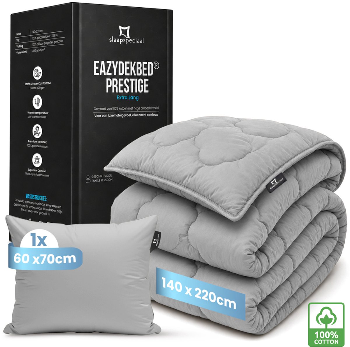 Slaapspeciaal Eazydekbed Prestige Grijs - Dekbed zonder Overtrek - Wasbaar Dekbed - Hoesloos Dekbed - All Year Dekbed - 2 in 1 Dekbed - Incl. 1 Kussensloop - 140x220 cm - 100% Katoen