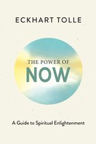 Boek "The Power of Now" door Eckhart Tolle, met de tekst "A Guide to Spiritual Enlightenment" onder een cirkel met blauwe en gele tinten.