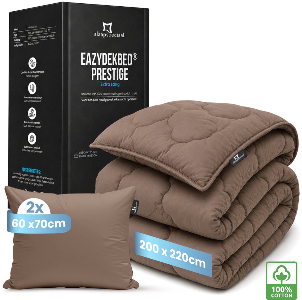 Slaapspeciaal Eazydekbed Prestige Bruin - Dekbed zonder Overtrek - Wasbaar Dekbed - Hoesloos Dekbed - All Year Dekbed - 2 in 1 Dekbed - Incl. 2 Kussenslopen - 200x220 cm - 100% Katoen