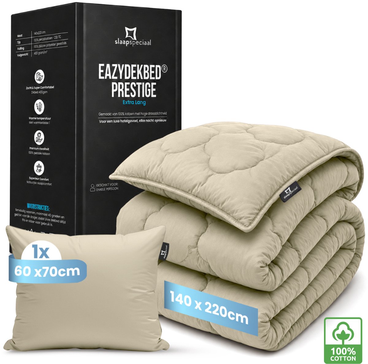 Slaapspeciaal Eazydekbed Prestige Sand - Wasbaar Dekbed - Dekbed zonder Overtrek - Hoesloos Dekbed - All Year Dekbed - 2 in 1 Dekbed - Incl. 1 Kussensloop - 140x220 cm - 100% Katoen