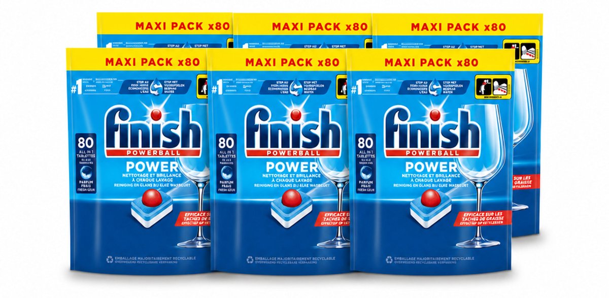 6 x Finish - Vaatwasmiddel - Power All in One Regular - Effectieve Alles-in-1 Reiniging - 80 capsules - Voordeelverpakking - 6 stuks