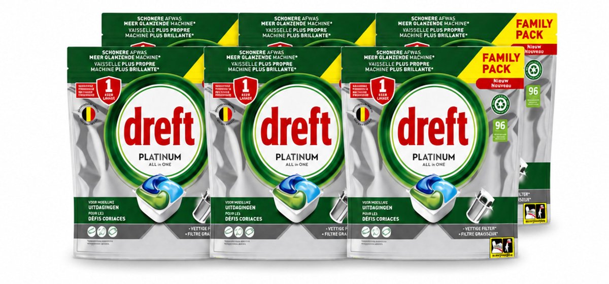 6 x Dreft - Vaatwastabletten - Platinum All-in-One Origineel - Grootverpakking - 96 Tabletten - Voordeelverpakking - 6 stuks