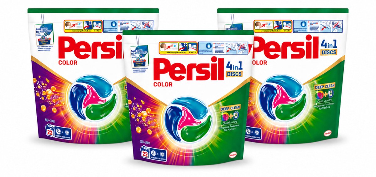3 x Persil - Wasmiddel - Wasmiddelcapsules Discs Gekleurde Was - Voor Gekleurde Was - 22 wasbeurten - Voordeelverpakking - 3 stuks