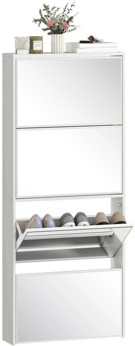 G&G schoenenkast met spiegel - Schoenenrek - Schoenen opbergsysteem - Hout - 63x17x146cm - 4 Deuren - 12 Paar schoenen - Wit