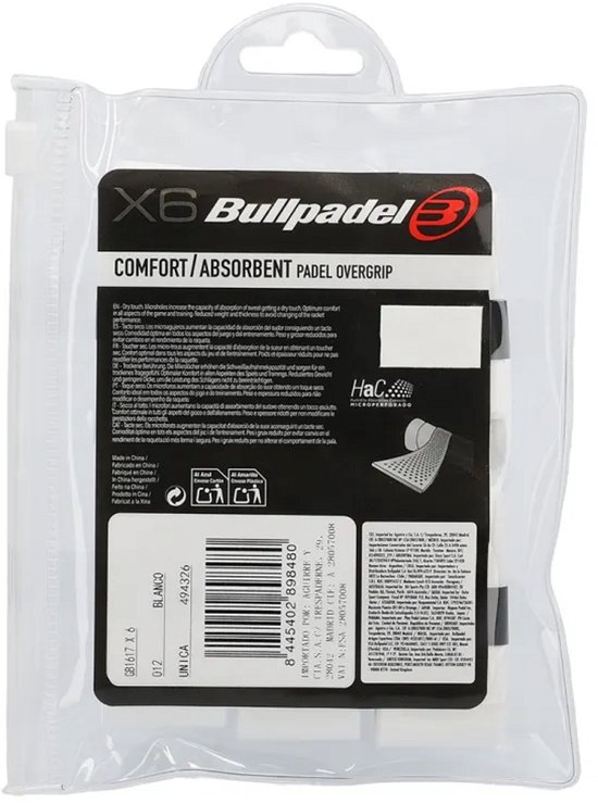 Bullpadel - Comfort-Absorbent - Padel Overgrips - 6 pack - wit