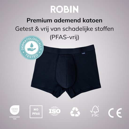 Donkerblauwe Robin boxershort, 'Dermatologically Tested' keurmerk. Gemaakt van premium ademend katoen, vrij van schadelijke stoffen (PFAS-vrij).