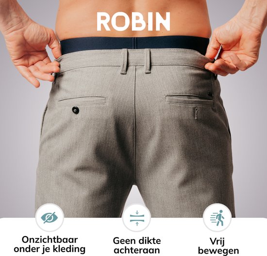 Close-up van de achterkant van een man die een grijze broek draagt en Robin boxershorts. Onzichtbaar onder kleding, geen dikte, vrij bewegen.