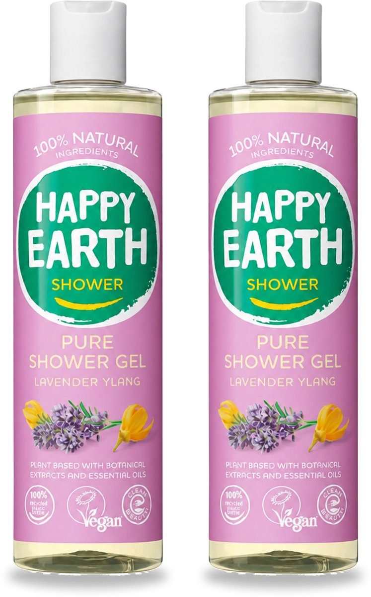 2 x Happy Earth – Douchegel – 100% Natuurlijk Lavender Ylang – 300 ml - Voordeelverpakking - 2 stuks