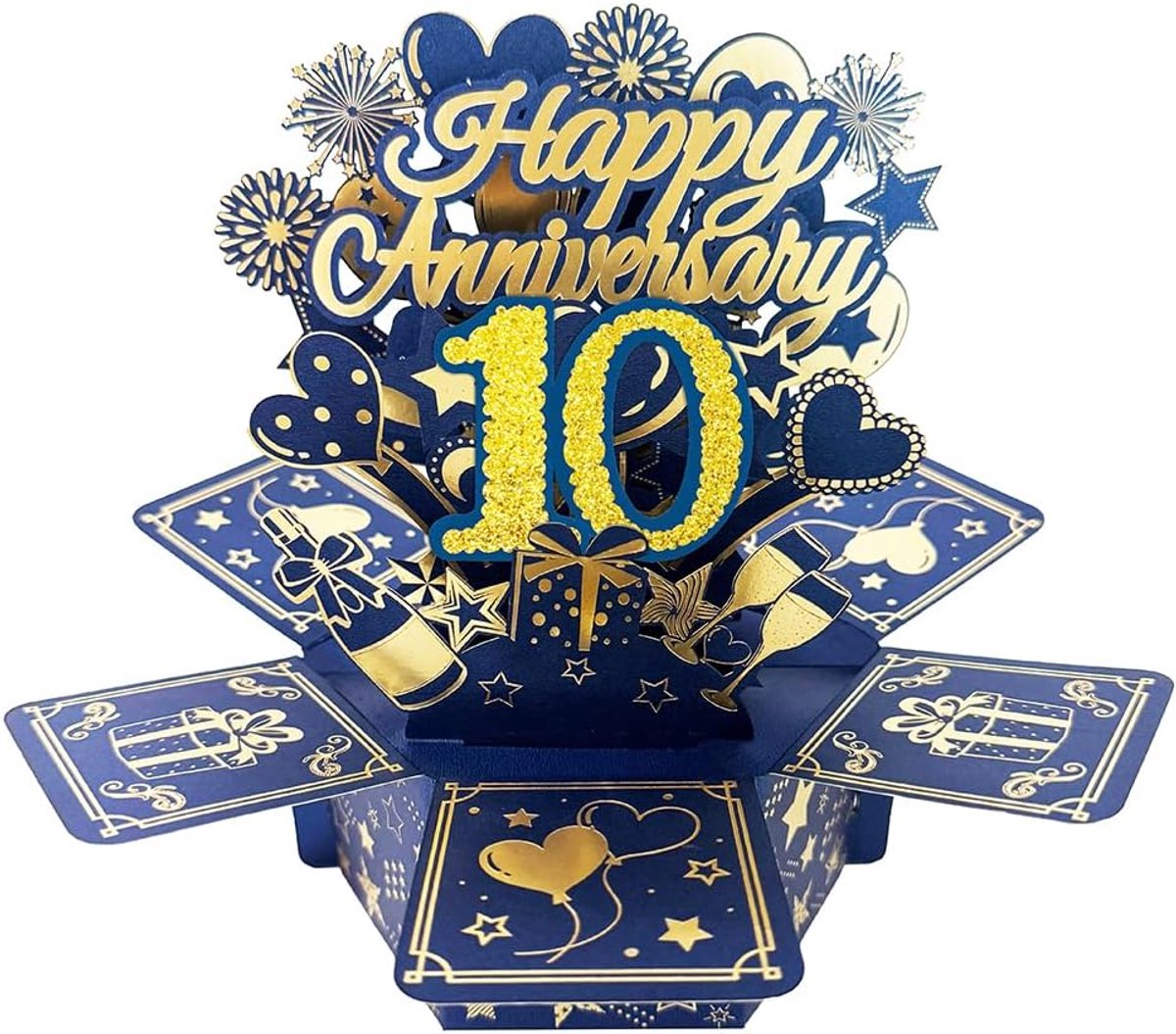 10-jarig huwelijksjubileum pop-up wenskaart voor hem of haar, groot 3D 10-jaar samencadeau voor echtgenote, beste 10 jaar getrouwd cadeau-idee voor hem en haar, koppels, blauw