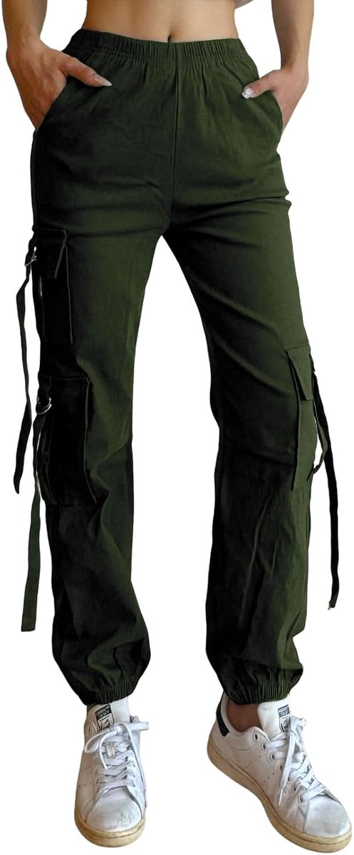 Elastische combat cargo broek voor dames, manchet, hoge taille, met bijpassende riem, joggers broek