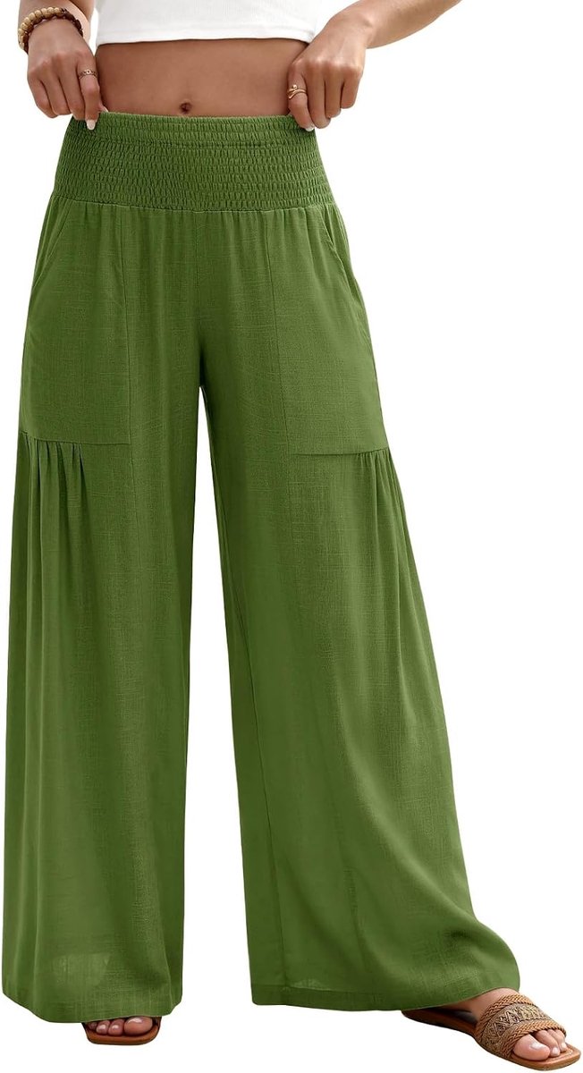 heekpek Linnen broek dames zomer elegante wijde stoffen broek zomerbroek lichte luchtige chinobroek losse broek hoge taille strandbroek met plissé brede tailleband