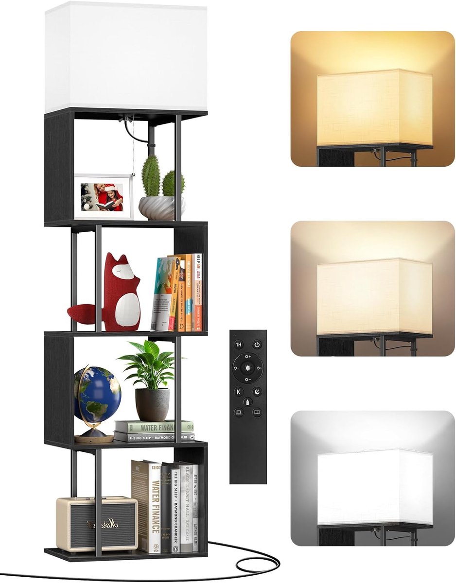 5 Lagen met Planken & Afstandsbediening, S-Vormige Boekenkast Dimbaar, 3 Kleurtemperaturen & Timer 1u, Hoge Hoeklamp voor Woonkamer, Slaapkamer, Kantoor
