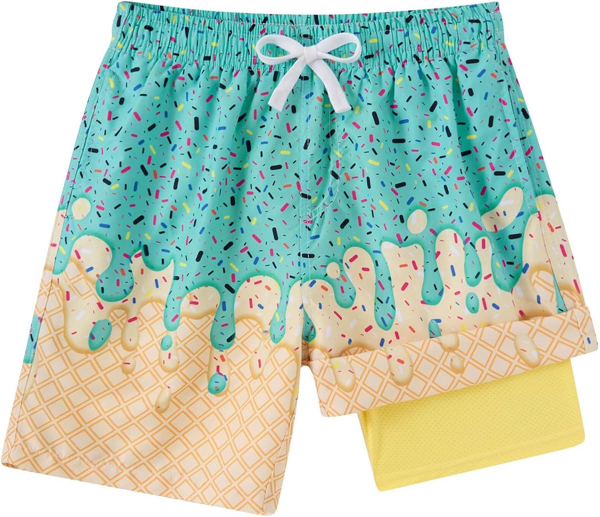 Zwemshort voor jongens, met compressieling, sneldrogend, rekbaar, 2-in-1 zwembroek, 3D-print, surfshort met zakken, 7-16 jaar