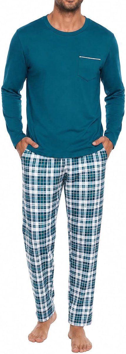 Winterpyjama voor heren, geruite pyjama met lange mouwen, 2 stuks, katoen, lange pyjamaset voor mannen, nachtkleding met ronde hals, S-3XL
