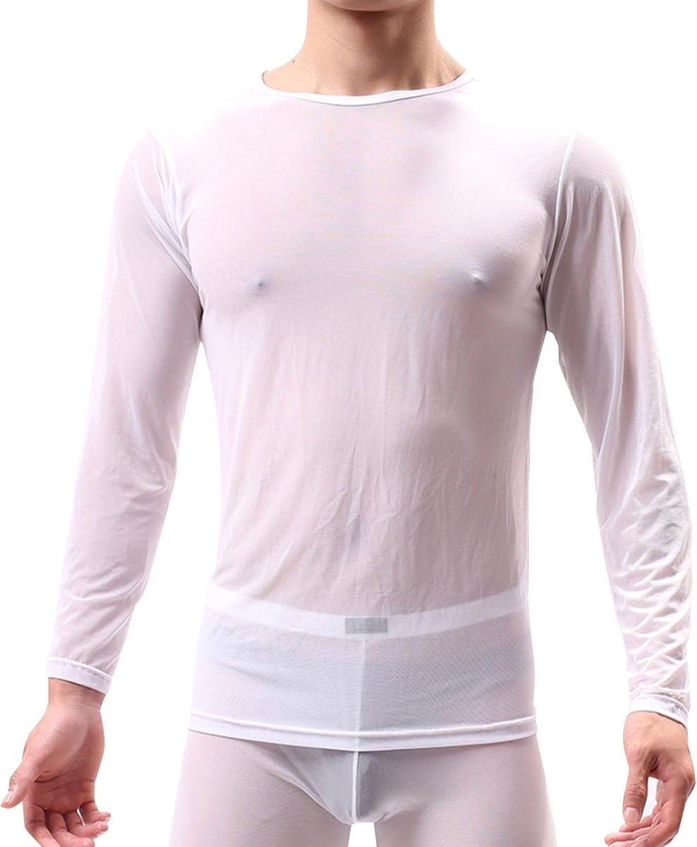 Netshirt voor heren, doorzichtig hemd, lange mouwen, transparant, sexy mesh-bovenstuk, rave, ademend onderhemden