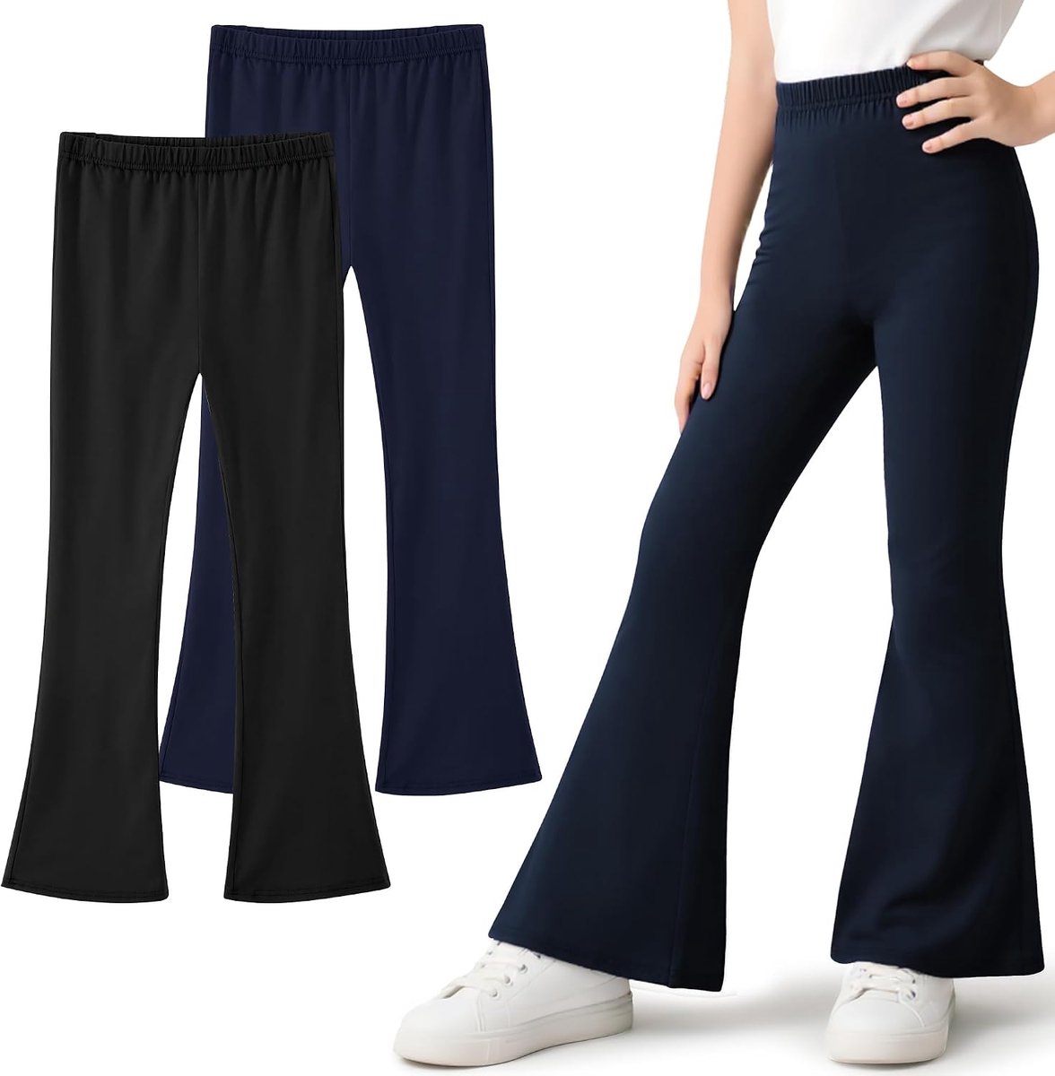 meisjeslegging katoenen broek met wijde pijpen, 2-pack kinder stretch ademende flared sportlegging basic bootcut broek effen kleur dans yoga broek actieve kleding voor 5-16 jaar