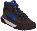 Bruine Timberland wandelschoen met groene en blauwe accenten, en een paarse voering.