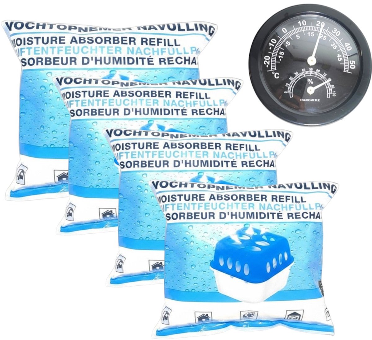 Vochtopnemer Navulling 4-Pack 1600 gram met Thermo-Hygrometer