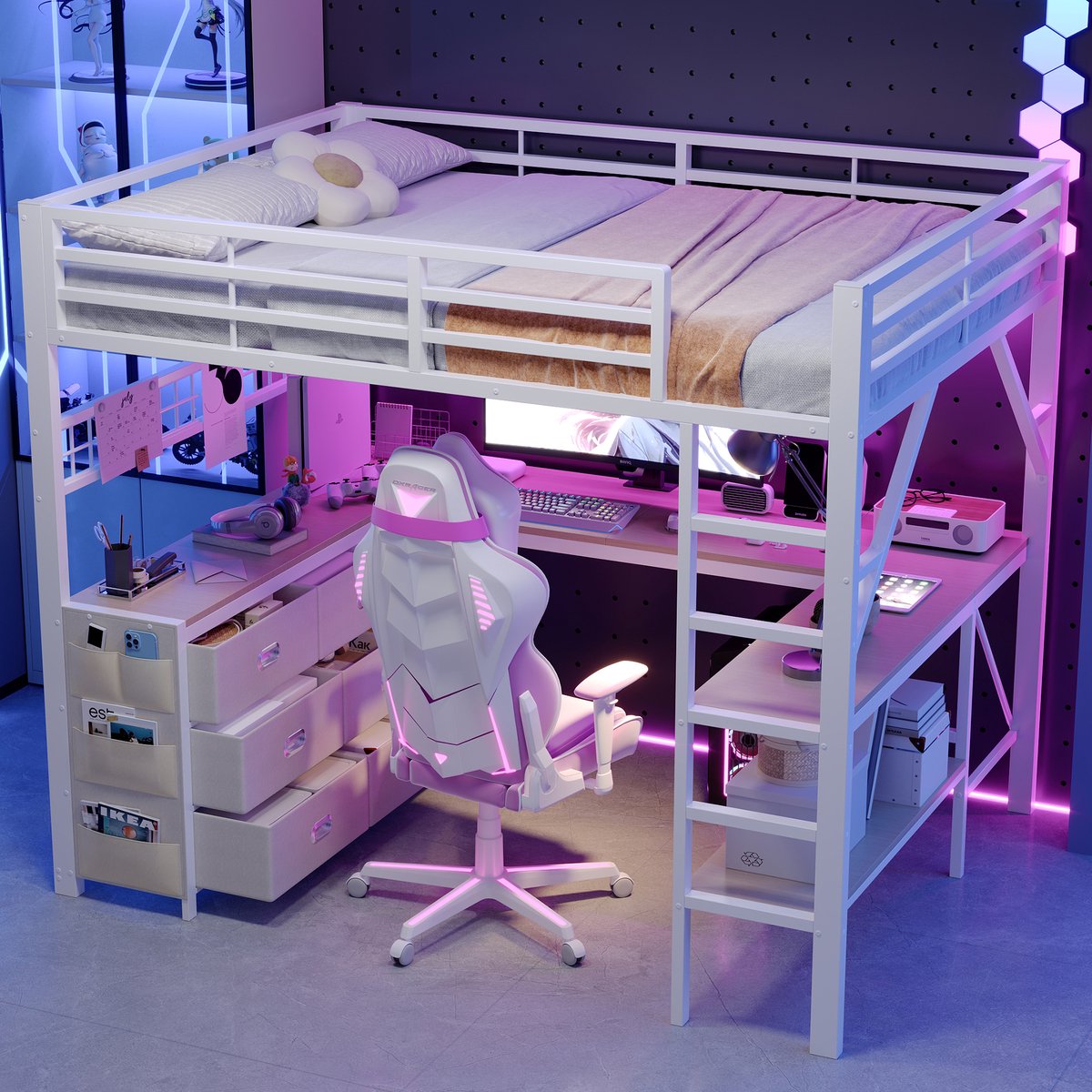 Kinderbed, Metaal hoogslaper voor gaming (140 x 200 cm) met lades, bureau, opbergplek en LED-verlichting, wit