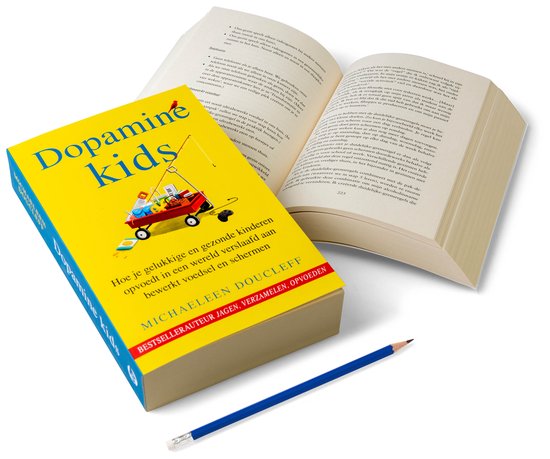 Gele kaft met de titel "Dopamine kids", met een illustratie van een karretje met snacks en een telefoon, naast een open boek en een potlood.
