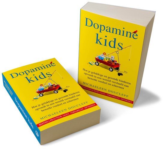 Twee gele boeken met de titel "Dopamine kids". Een op de voorgrond, de ander verder weg, met de kaft naar voren.