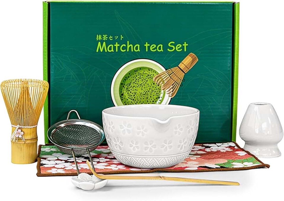 Matcha-set, 7 stuks, matcha bezemset - matcha bezem en bezemhouder, matcha schaal met uitloop, zeef, lepel en houder, accessoires voor de Matcha theeset voor beginners, vrienden en familie (wit)